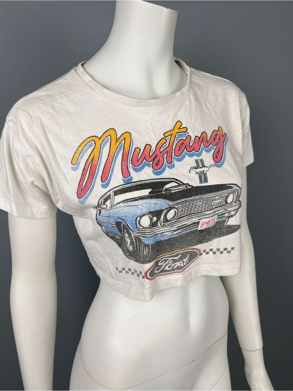 Ford White Crop Tee with Blue Mustang Graphic and Multicolor Script